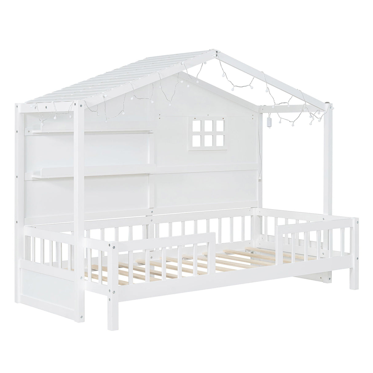 House Bed With Shelves, Window And Sparkling Light Strip On The Roof