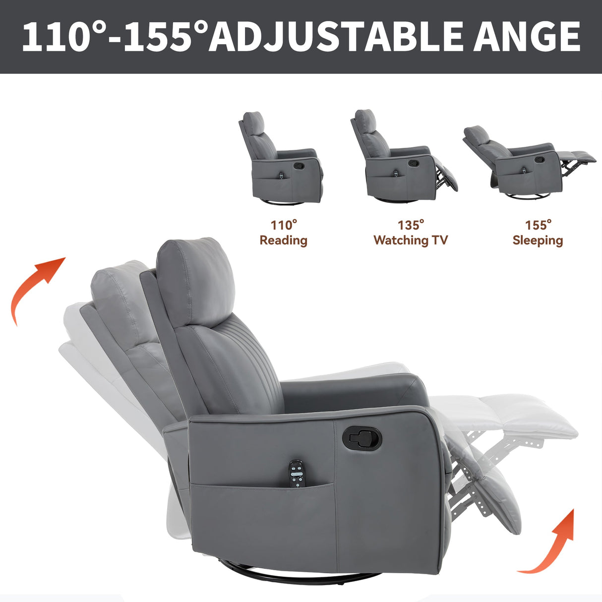 Grey Faux Leather Heat Massage Manual Recliner Chair with Rocker and Swivel