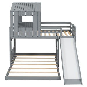 Loft Bunk Bed With Playhouse, Farmhouse, Ladder, Slide And Guardrails
