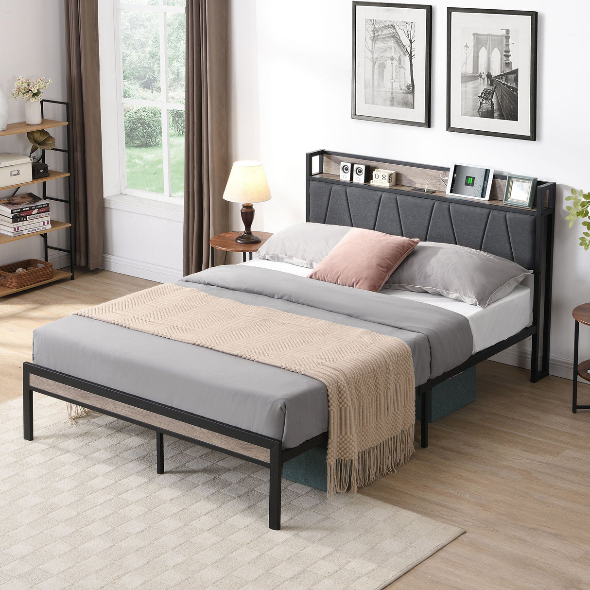 Modern Bed Frame With LED Lights, Upholstered Headboard, USB Charging