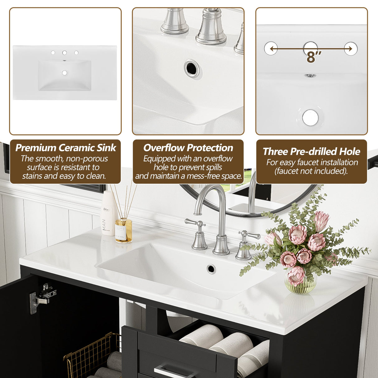 36" Black Bathroom Vanity Cabinet