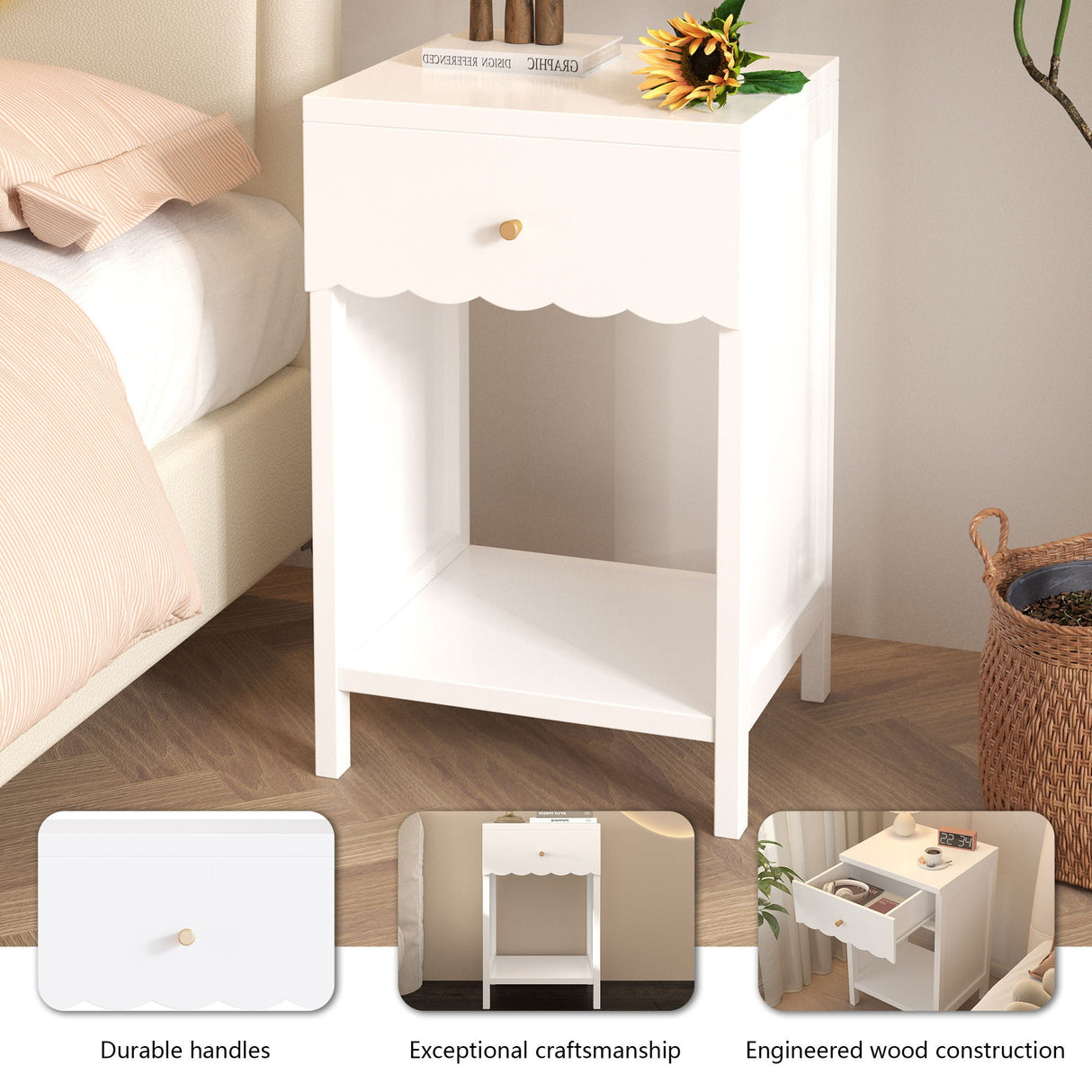 Nightstand With Drawer And Open Shelf, Scalloped Edge Bedside Table
