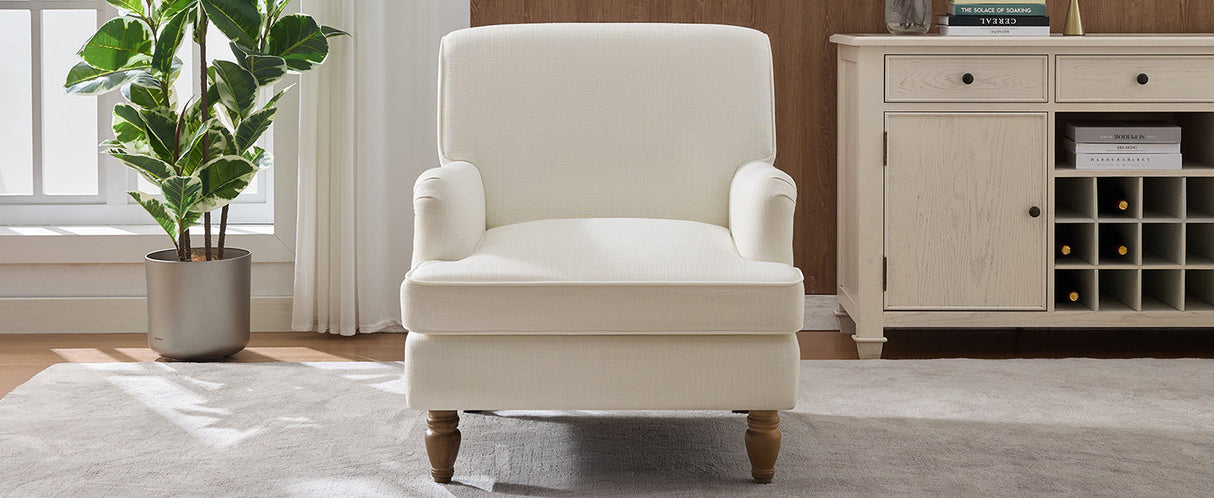 Vintage Upholstered Linen Fabric Armchair with Antique Solid Wood Legs
