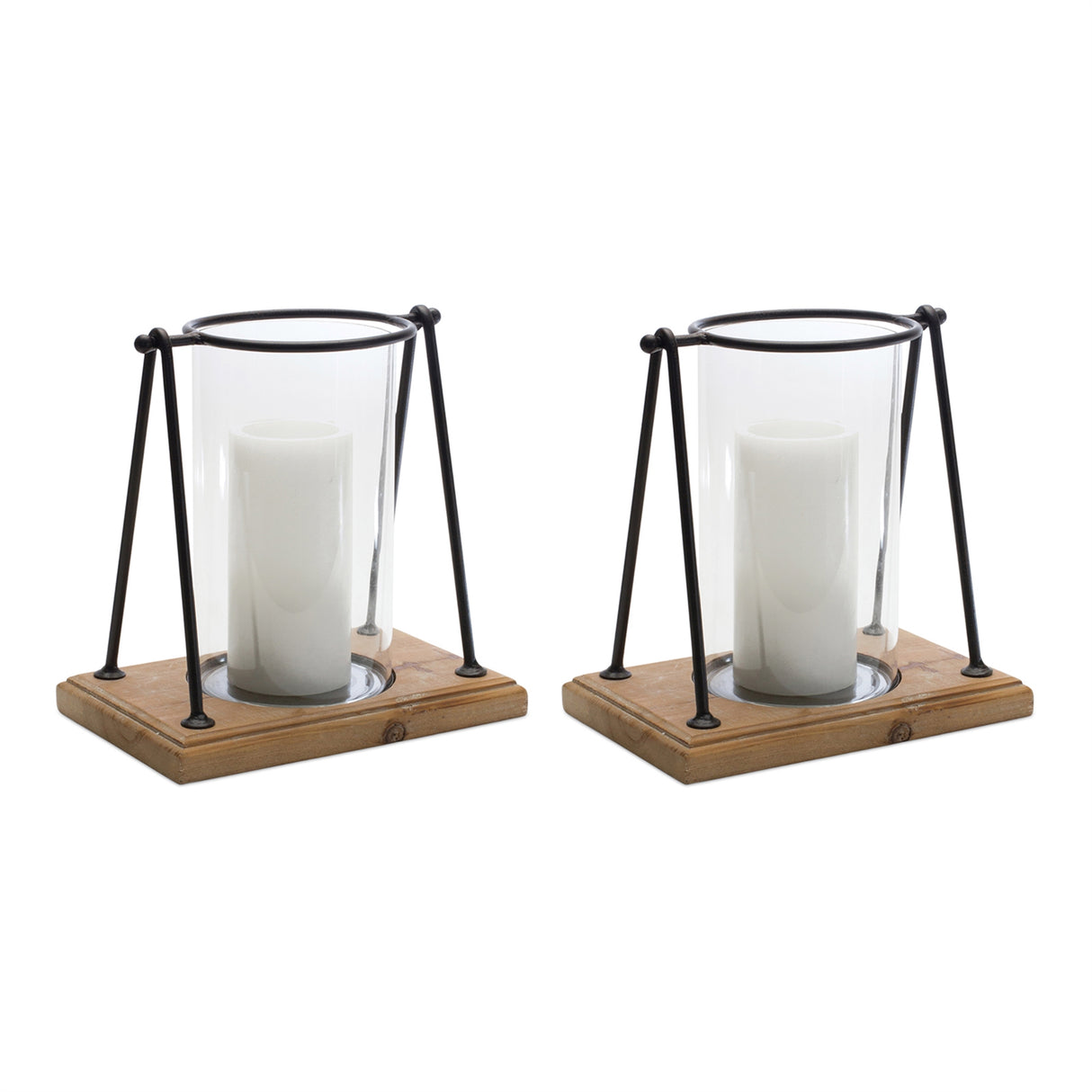 Modern framed candle holder with wood base (set of 2)