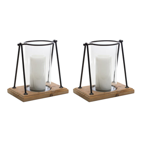 Modern framed candle holder with wood base (set of 2)