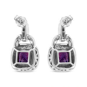 .925 Sterling Silver 8MM Natural Cushion Shaped Amethyst and Diamond Accent Halo with Push Back Dangle Earrings (I-J Color, I2-I3 Clarity)