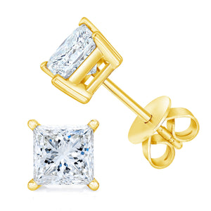 14K Yellow Gold Clarity Enhanced Princess Cut Diamond Certified Stud Earrings (0.50 cttw, H-I Color, I1-I2 Clarity)