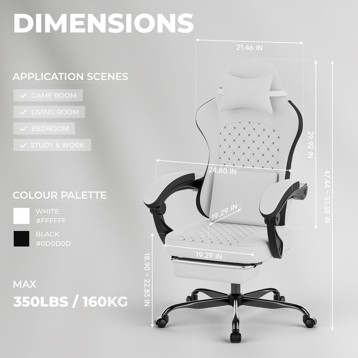 Gaming Chair with Massage, Ergonomic Design, White/Black