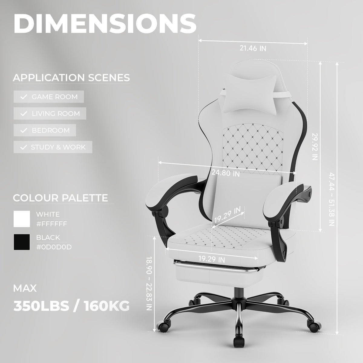 Gaming Chair with Massage, Ergonomic Design, White/Black
