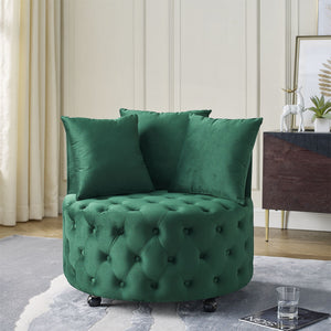 Modern Upholstered Swivel Chair With Button Tufted Design And Movable Wheels