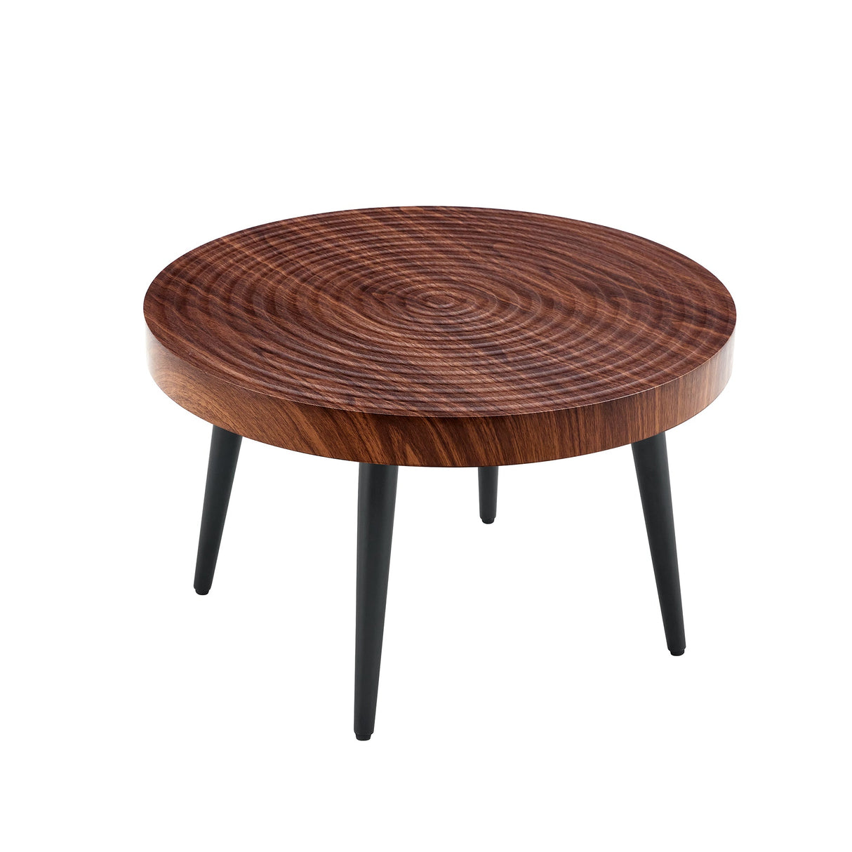 Modern Round Coffee Table - Walnut Pattern MDF And Black Metal Legs