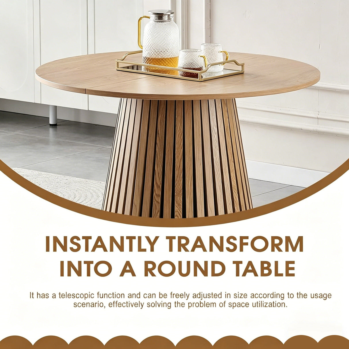 Dining Table, Flexible Extendable Oval Design With Slatted Legs - Natural Wood