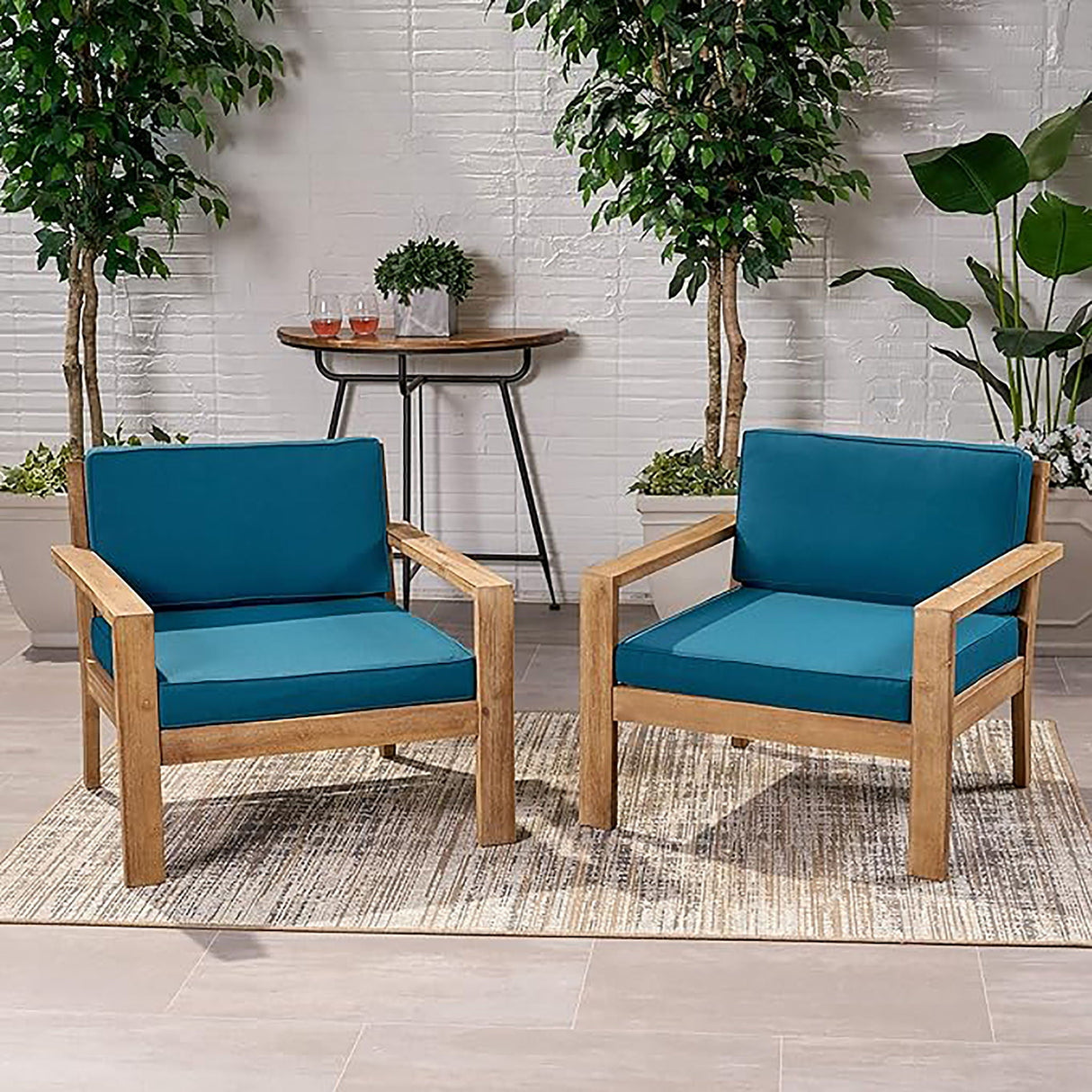 Antoine - Outdoor Acacia Wood Club Chairs With Cushions, (Set of 2)