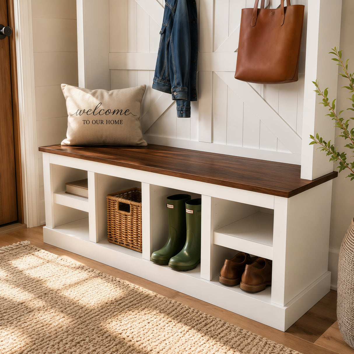 Farmhouse Hall Tree with Bench and Shoe Storage