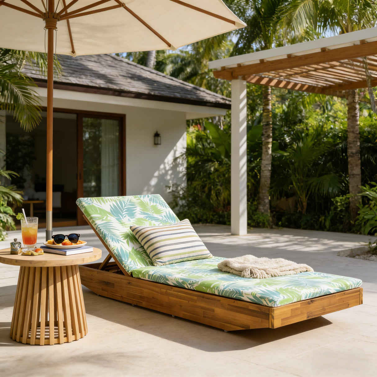 Acacia Wood Chaise Lounge with Teak Finish and Water-Repellent Cushion