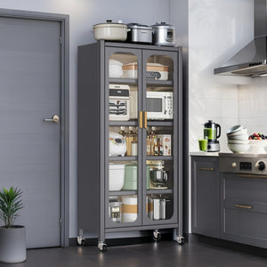 6 Tier Storage Cabinet With Transparent Door, Adjustable Shelves & Wheels