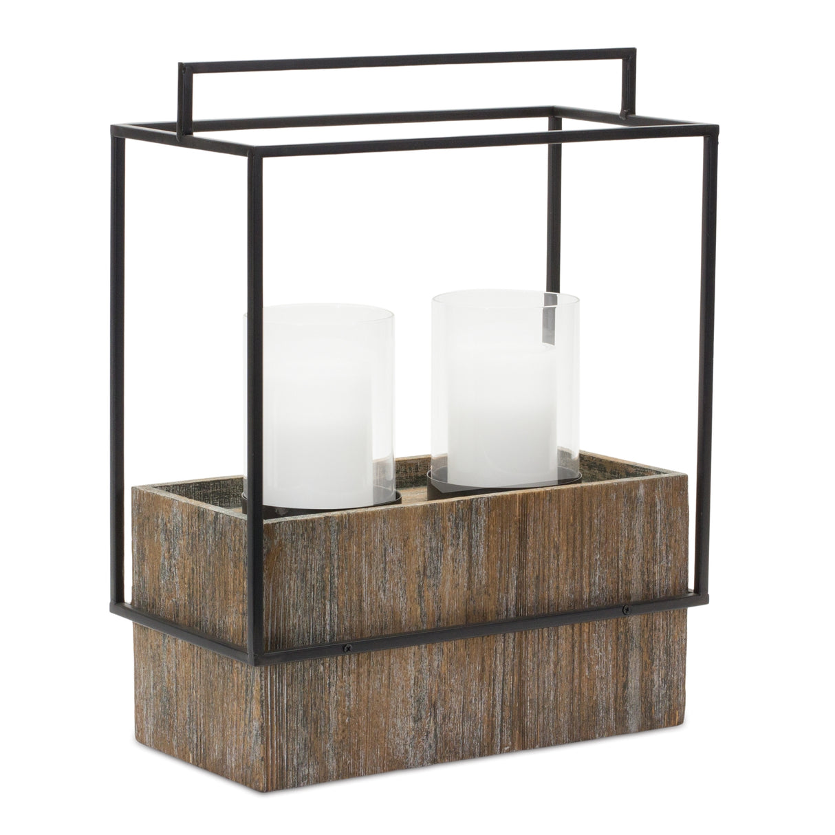 Wood candle holder with metal frame 18"h