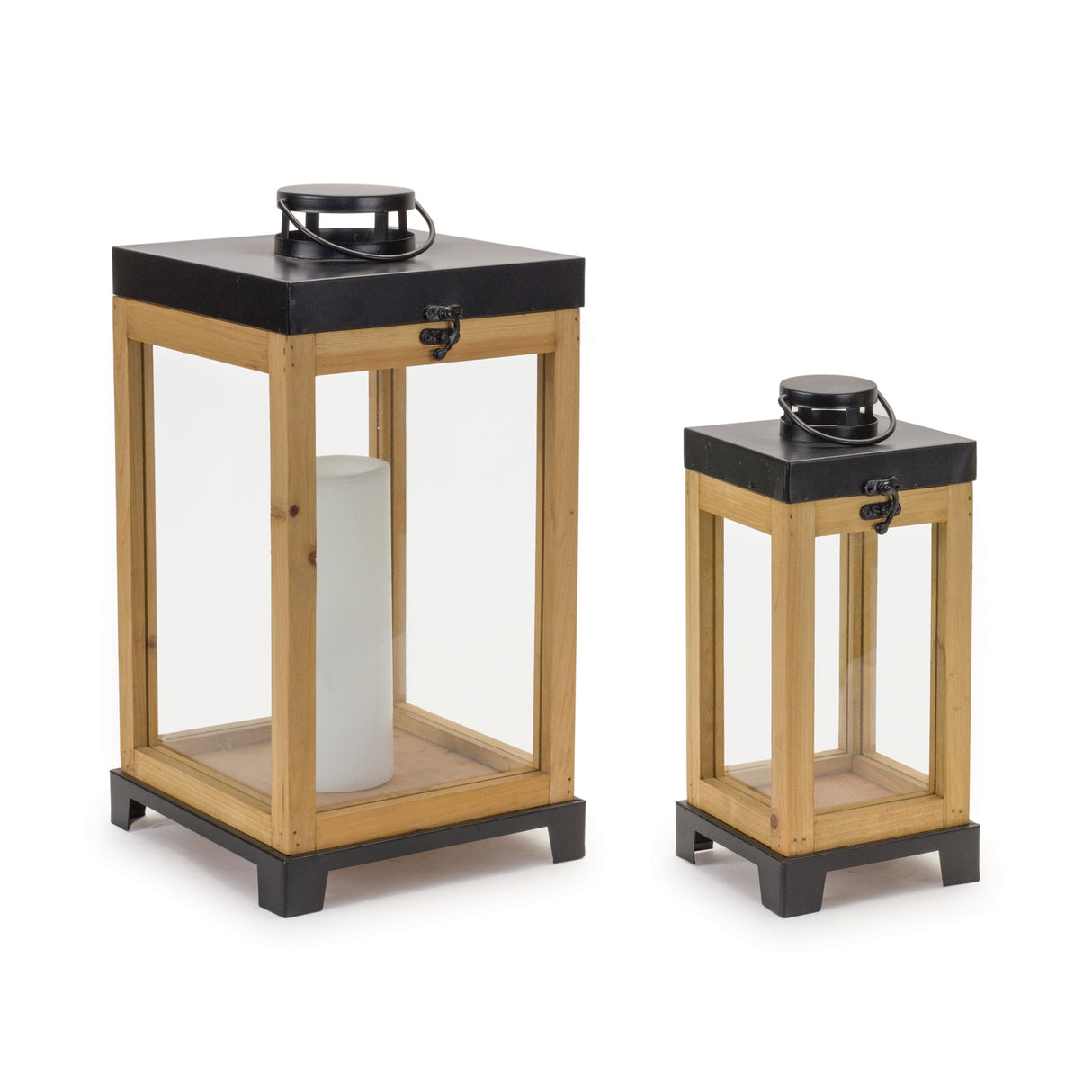 Wood box lantern on metal stand (set of 2)