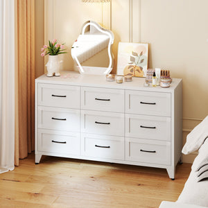 9 Drawer Dresser for Bedroom, Metal Profile Chest of Drawers, White Bedroom Dresser with Storage Drawers for Closet, Hallway, Entryway, Steel Furniture with Quiet-Glide Rails, Easy-Clean & Scratch