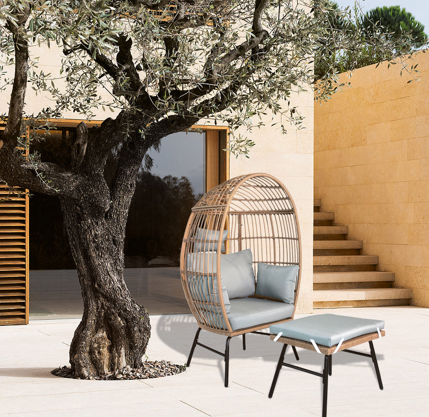 Outdoor garden wicker egg chair and footstool patio chaise