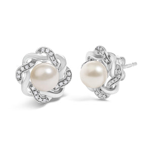 Sterling Silver Pearl and 1/10 Cttw Diamond Floral Twist Stud Earrings