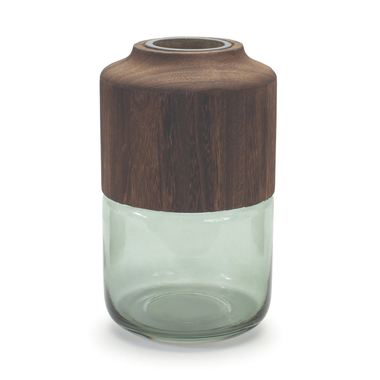 Sage glass vase with wood accent 11"h
