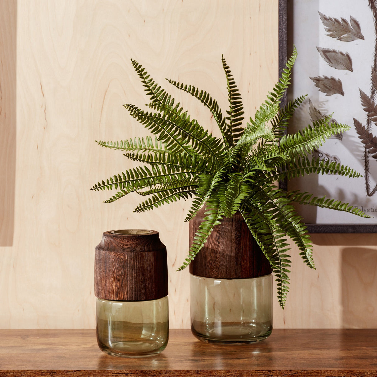 Sage Glass Vase with Wood Accent 11"H