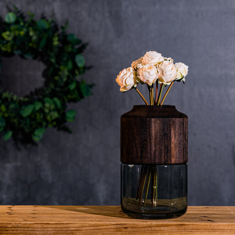 Sage glass vase with wood accent 11"h