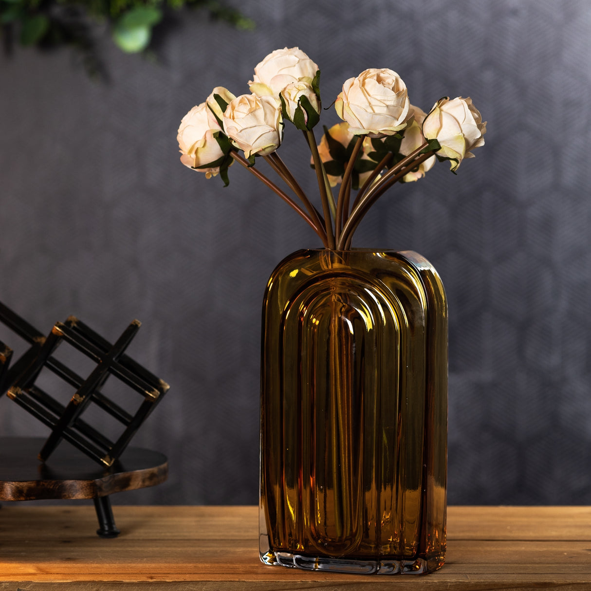 Sage glass vase with wood accent 11"h