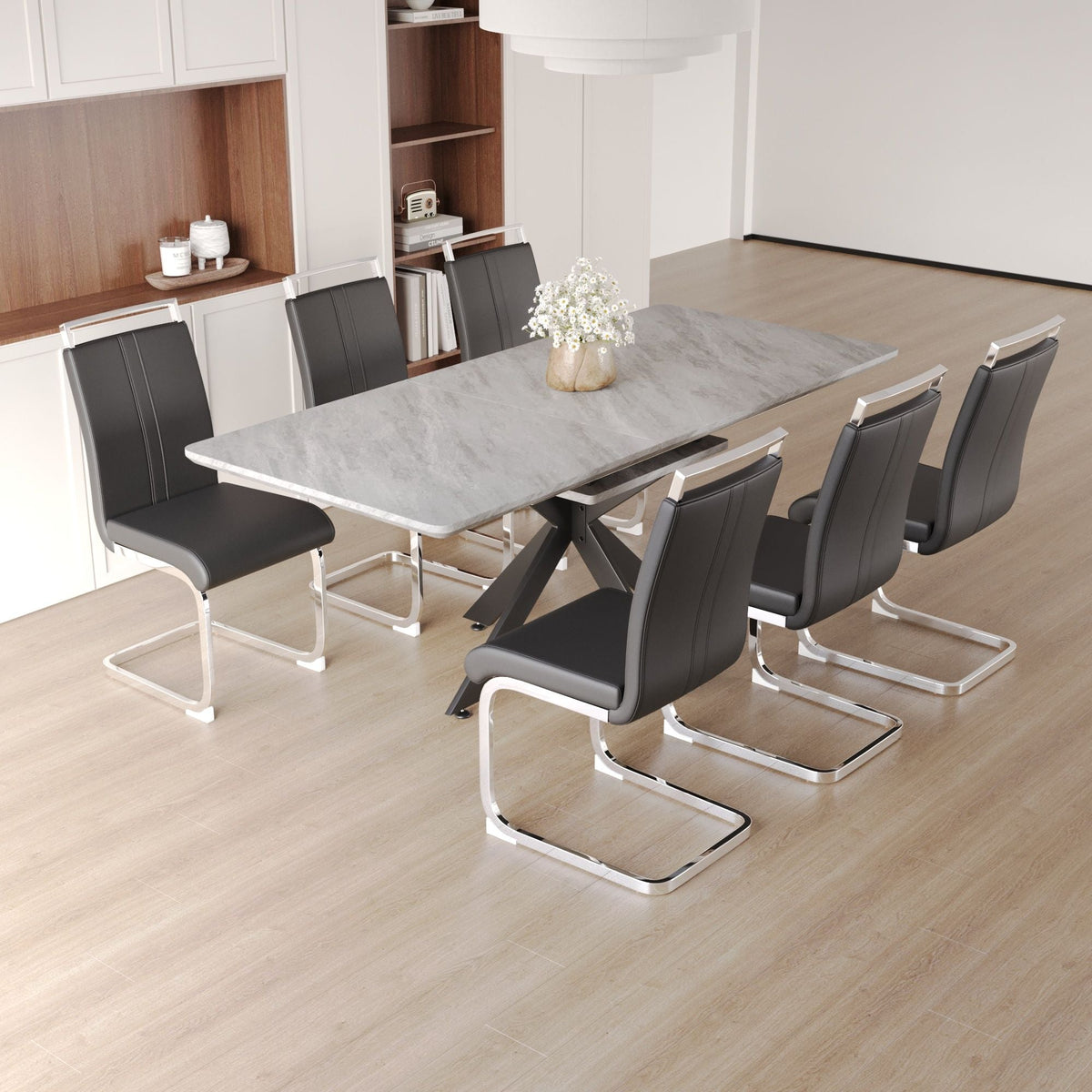 Modern Extendable Dining Table Set For 6 - 8 - Black / Gray