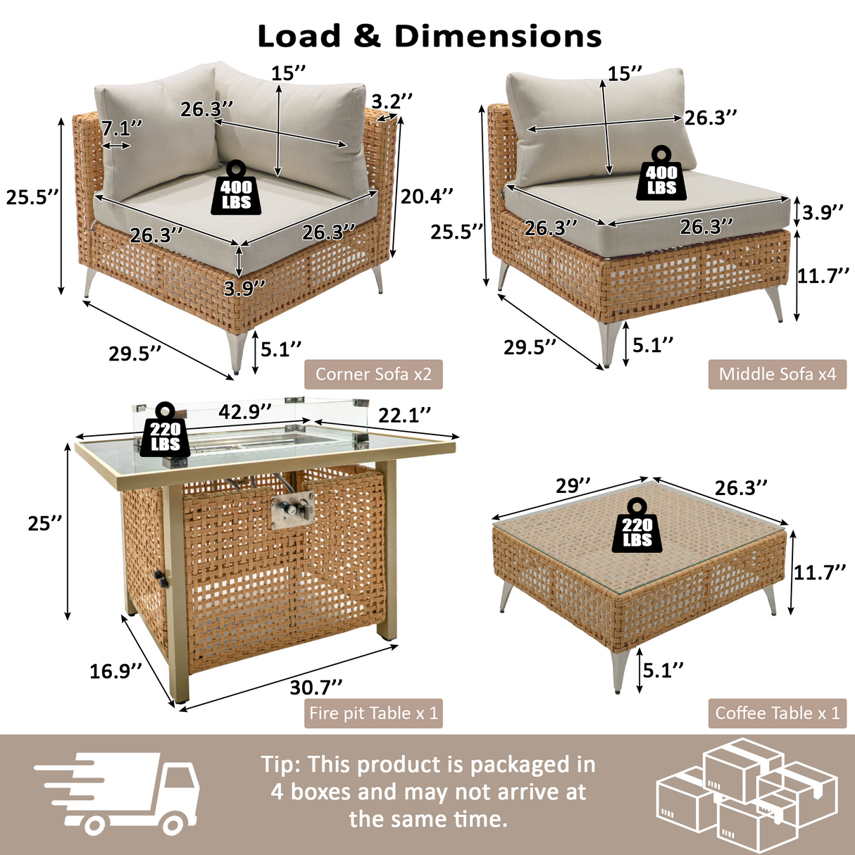K&K 8-Piece Patio Furniture Set with Fire Pit Table
