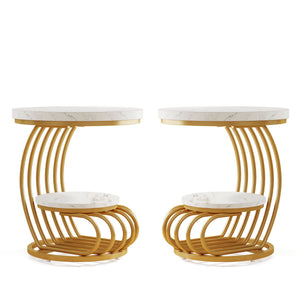 Round Vintage End Table With 2 Tier Storage