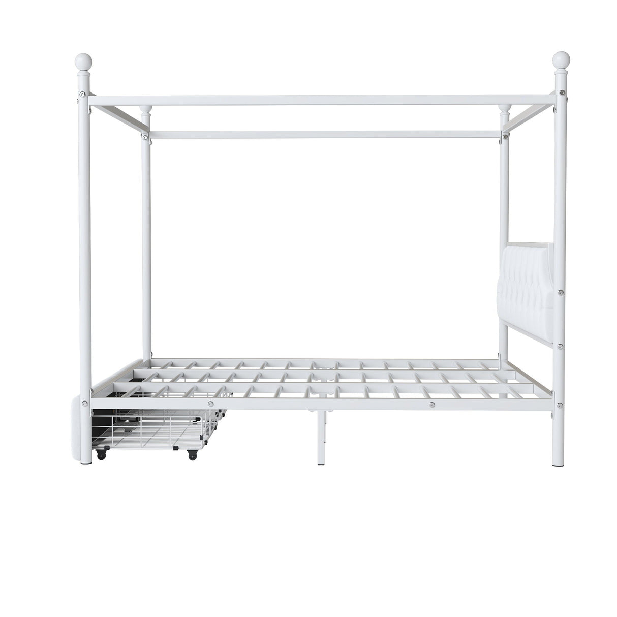 Queen Size Canopy Platform Bed With Upholstered Headboard And 2 Storage Drawers - White