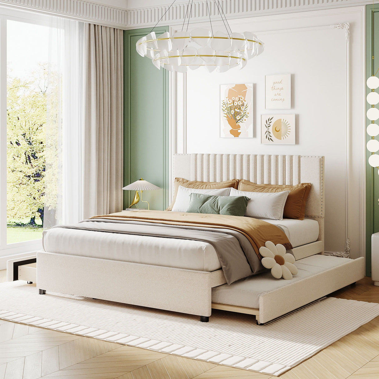 Upholstered Platform Bed With Drawers, Classic Headboard Design
