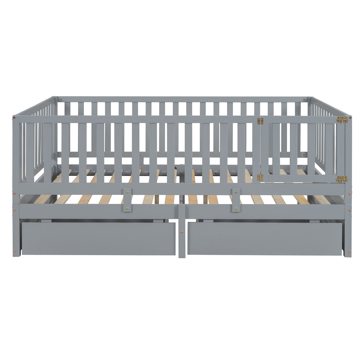 Daybed With Fence Guardrails And 2 Drawers, Split Into Independent Floor Bed & Daybed