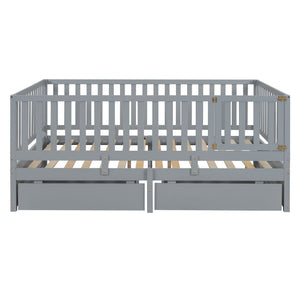 Daybed With Fence Guardrails And 2 Drawers, Split Into Independent Floor Bed & Daybed
