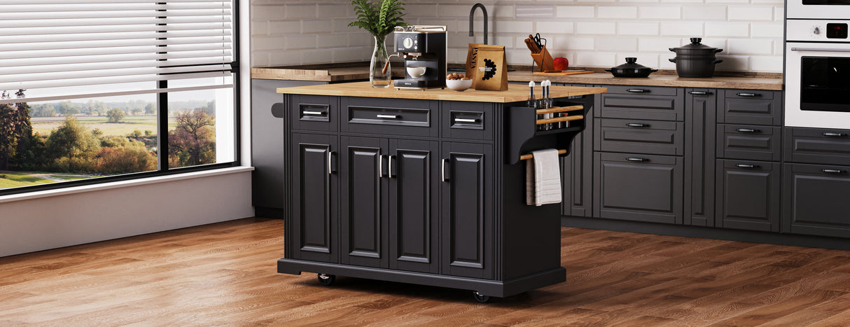 K&K 54 Inch Large Kitchen Island with Rubber Wood Drop Leaf