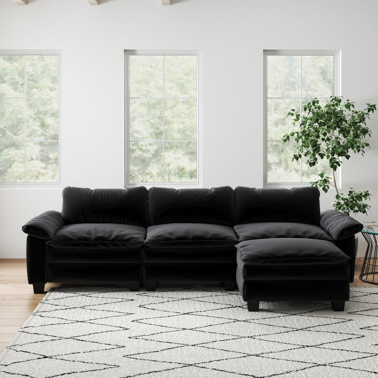 Onyx Black Velvet Modular Sectional with Ottoman