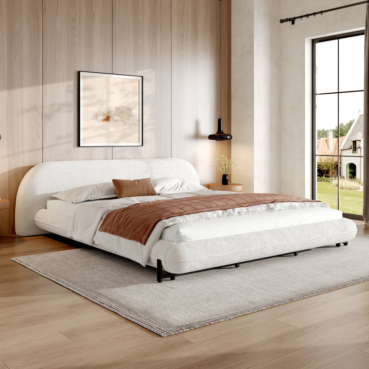 King Size Bed Frame with Boucle Fabric and Thick Headboard