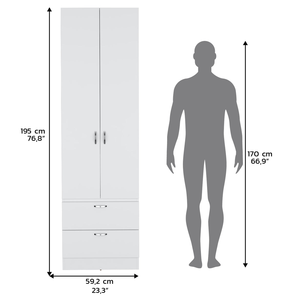Armoire Wardrobe 76" H, Hanging Rod, 2 Drawers, 1 Shelf