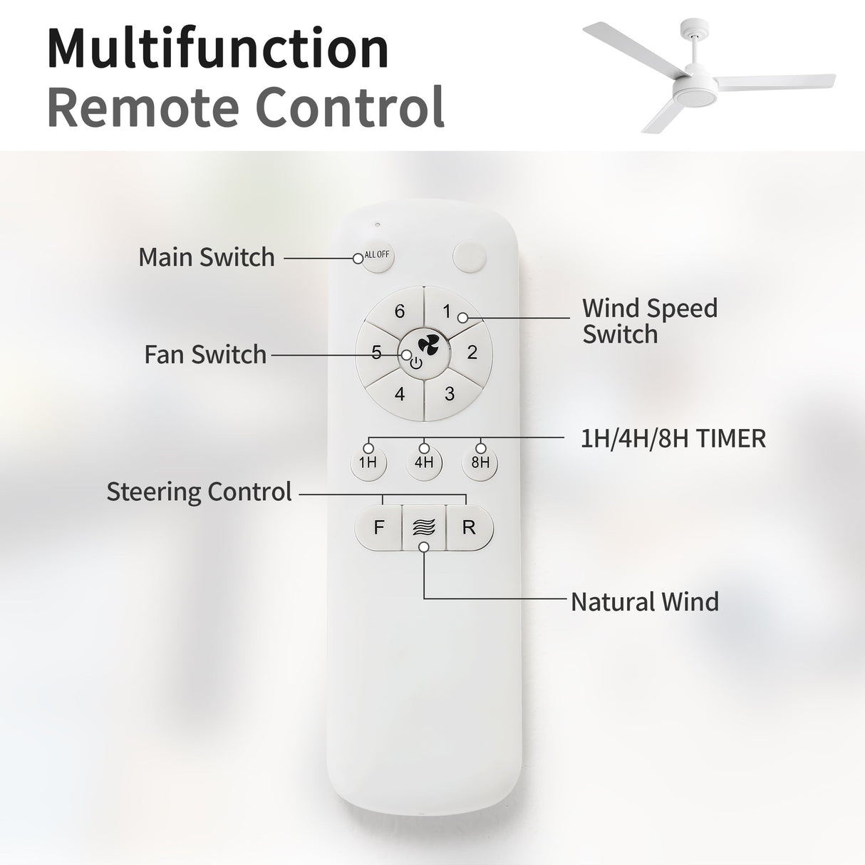 52" Ceiling Fan Without Light with Remote Control and Reversible DC Motor