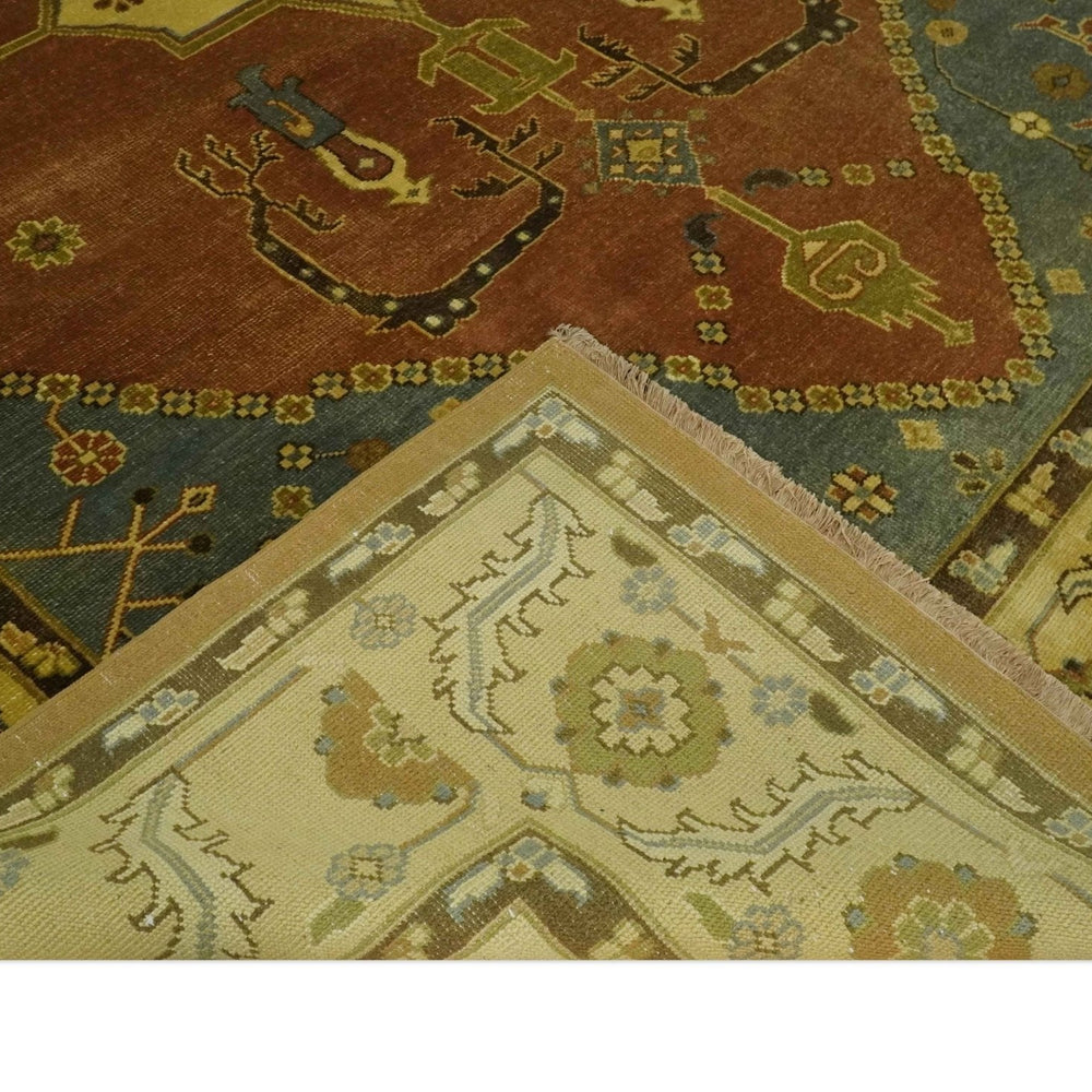 8.8x11.9 Rust, Gold and Blue Heriz Traditional Vintage Style Antique Look Hand Knotted Wool Area Rug