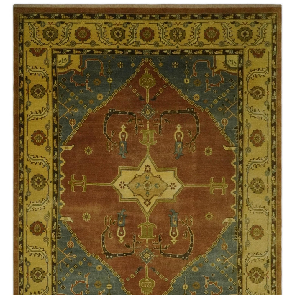 8.8x11.9 Rust, Gold and Blue Heriz Traditional Vintage Style Antique Look Hand Knotted Wool Area Rug