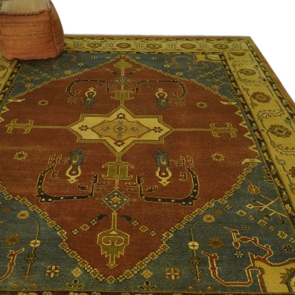 8.8x11.9 Rust, Gold and Blue Heriz Traditional Vintage Style Antique Look Hand Knotted Wool Area Rug