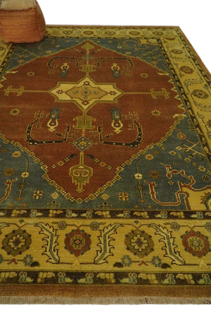8.8x11.9 Rust, Gold and Blue Heriz Traditional Vintage Style Antique Look Hand Knotted Wool Area Rug