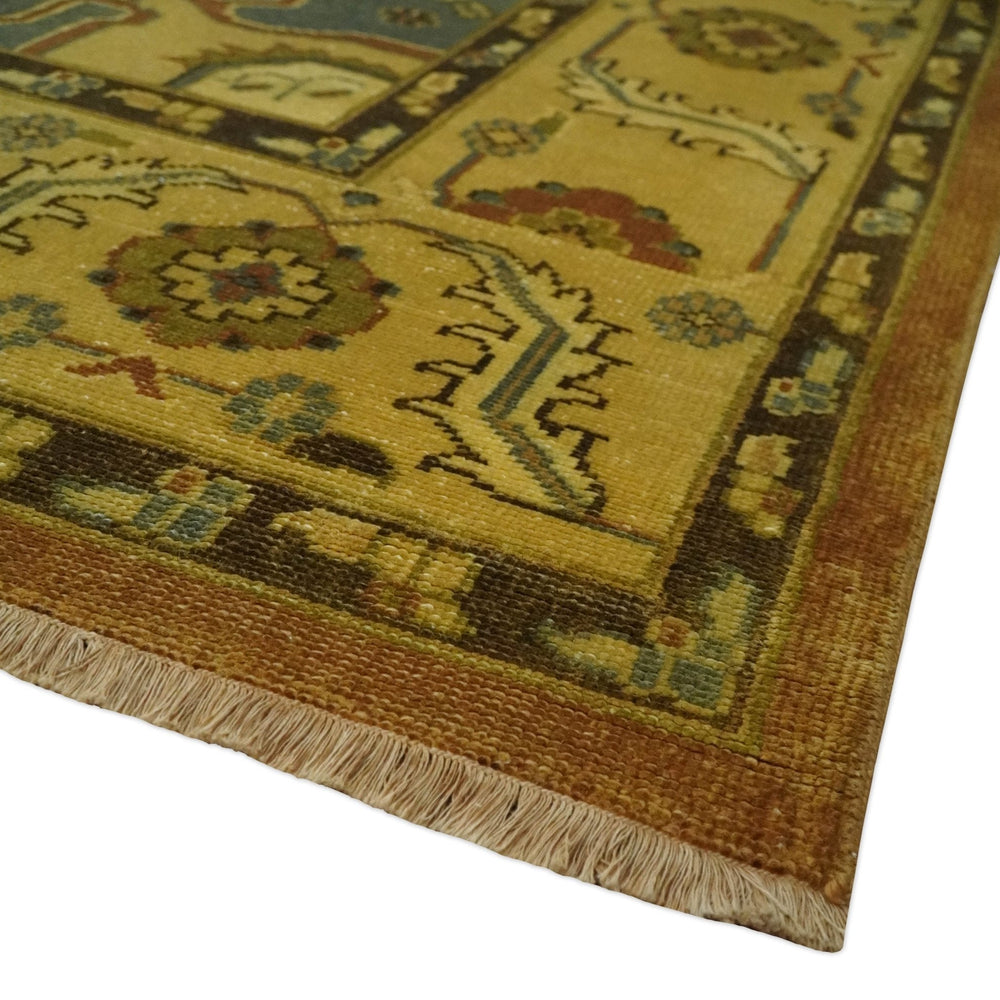 8.8x11.9 Rust, Gold and Blue Heriz Traditional Vintage Style Antique Look Hand Knotted Wool Area Rug