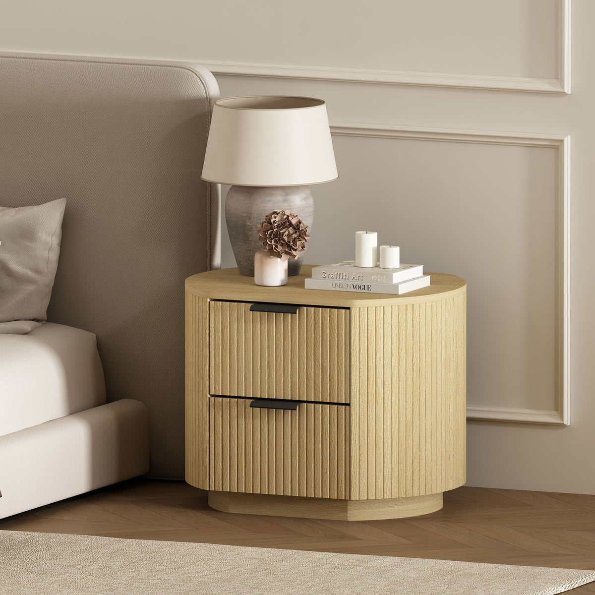Oak Nightstand with 2 Drawers – Ribbed Texture