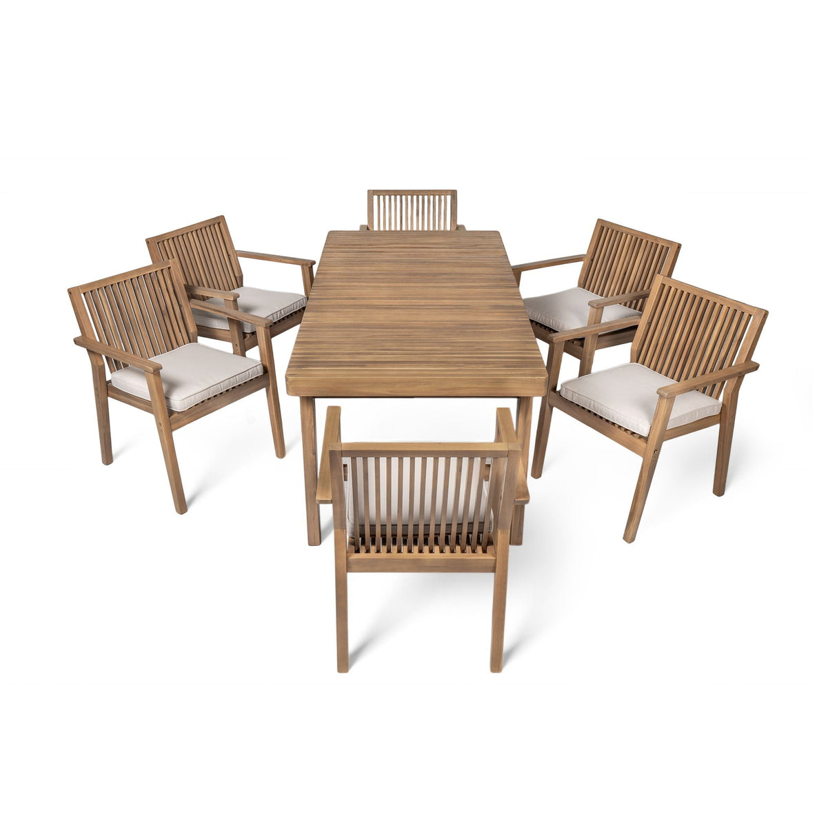 7 Piece Patio Furniture Set Acacia Wood Table and 6 Heavy Duty Cushioned Chairs