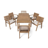 7 Piece Patio Furniture Set Acacia Wood Table and 6 Heavy Duty Cushioned Chairs
