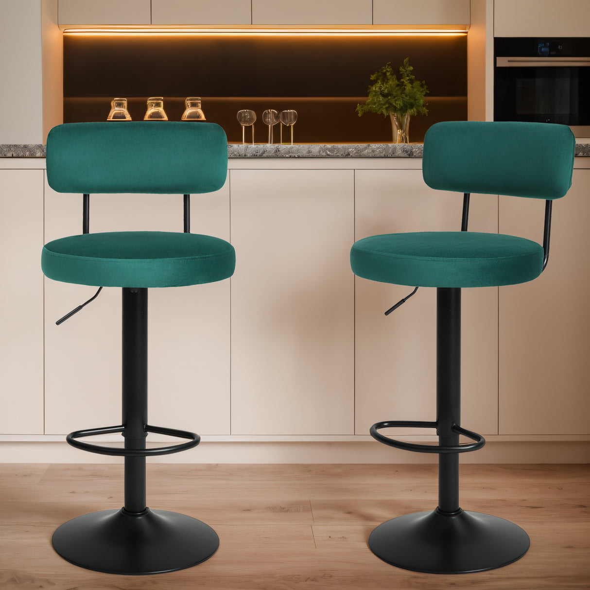 Set of 2 Adjustable Velvet Bar Stools with Curved Backrest & Swivel